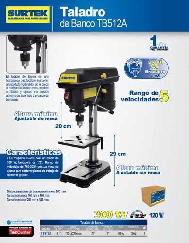 Somos Reyes | Taladro Estacionario Banco 1/2in .3hp 300w 120 Tb512a Surtek