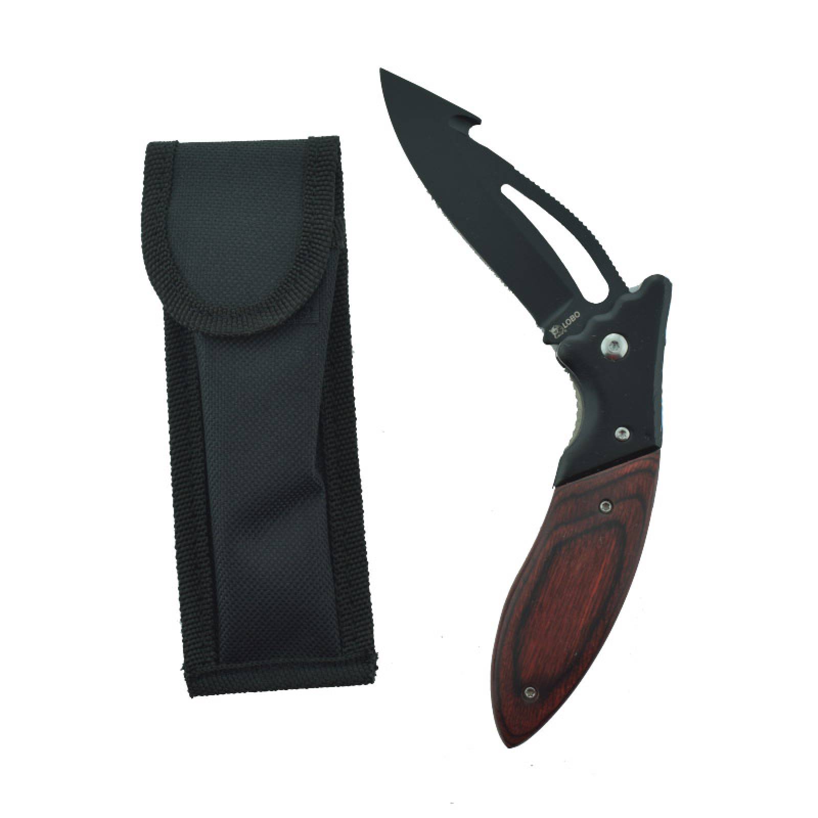 Somos Reyes | Navaja Campismo Bolsillo Oxido Negro Mango Madera 19 cm Lobo